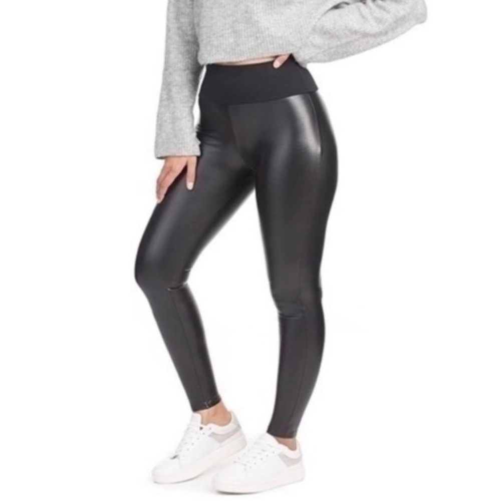 ASSETS by SPANX Black Faux Leather Shaping Leggings Woman Size L